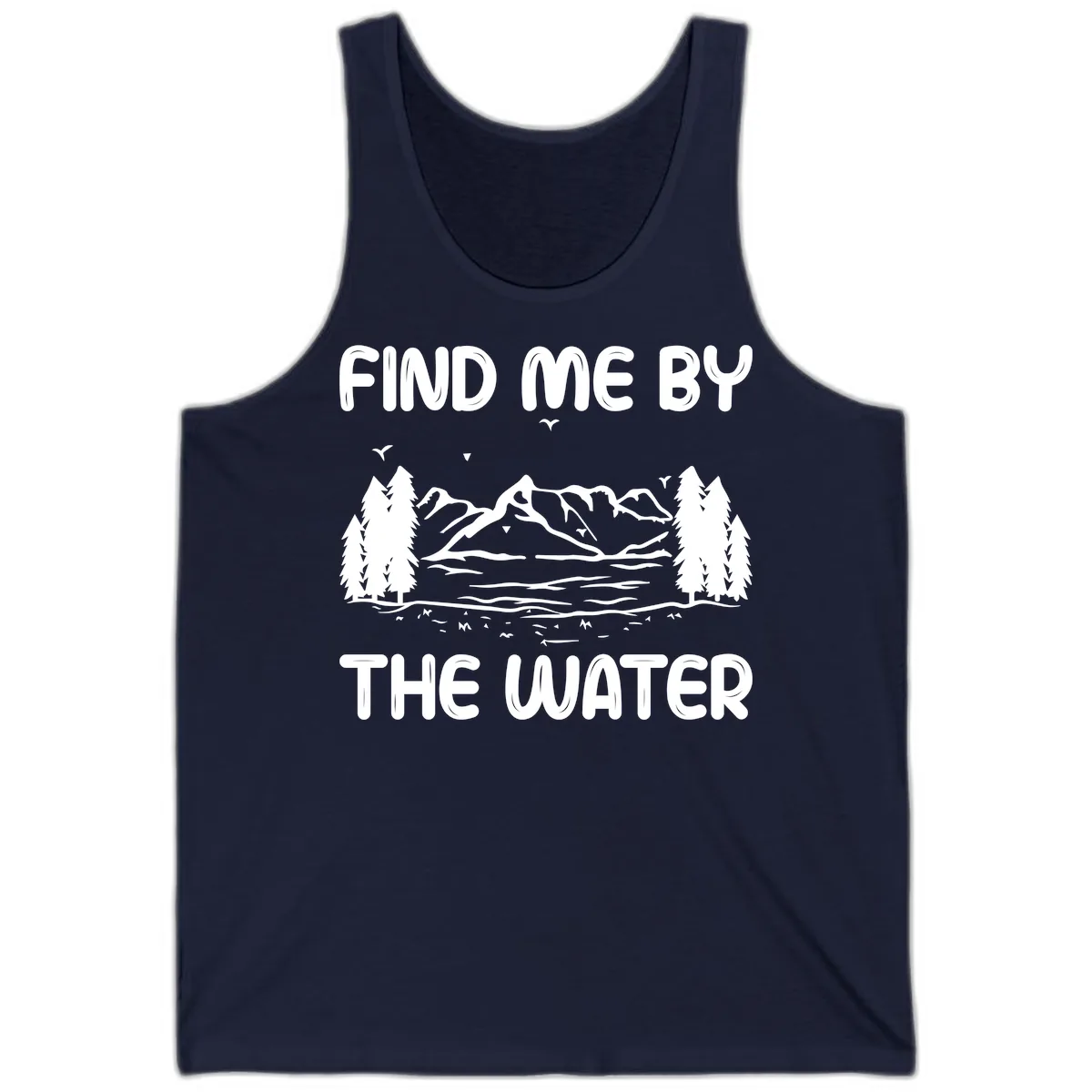 Find Me By The Water Mountain Design Tank in Navy