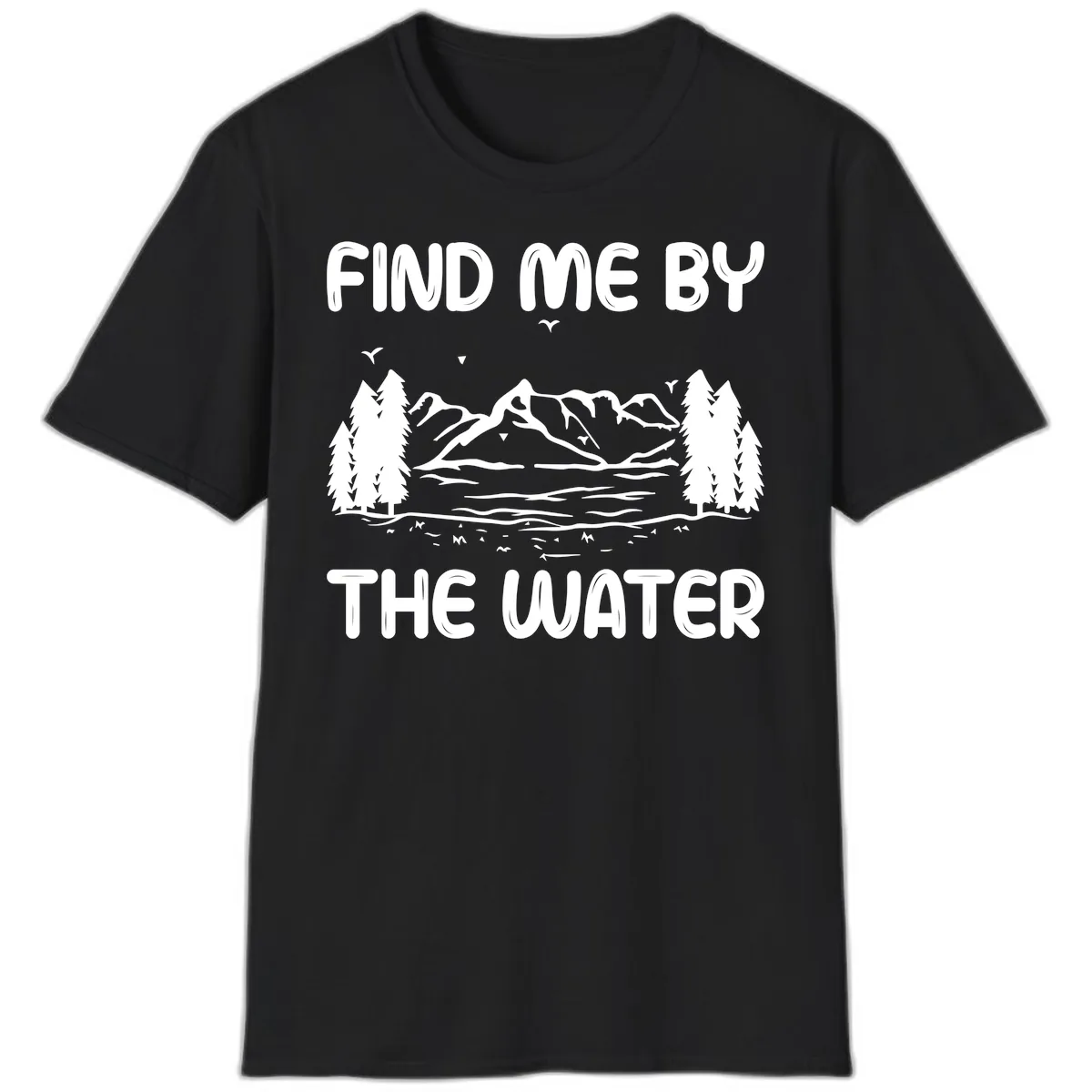 Find Me By The Water Mountain Design T-Shirt in Black