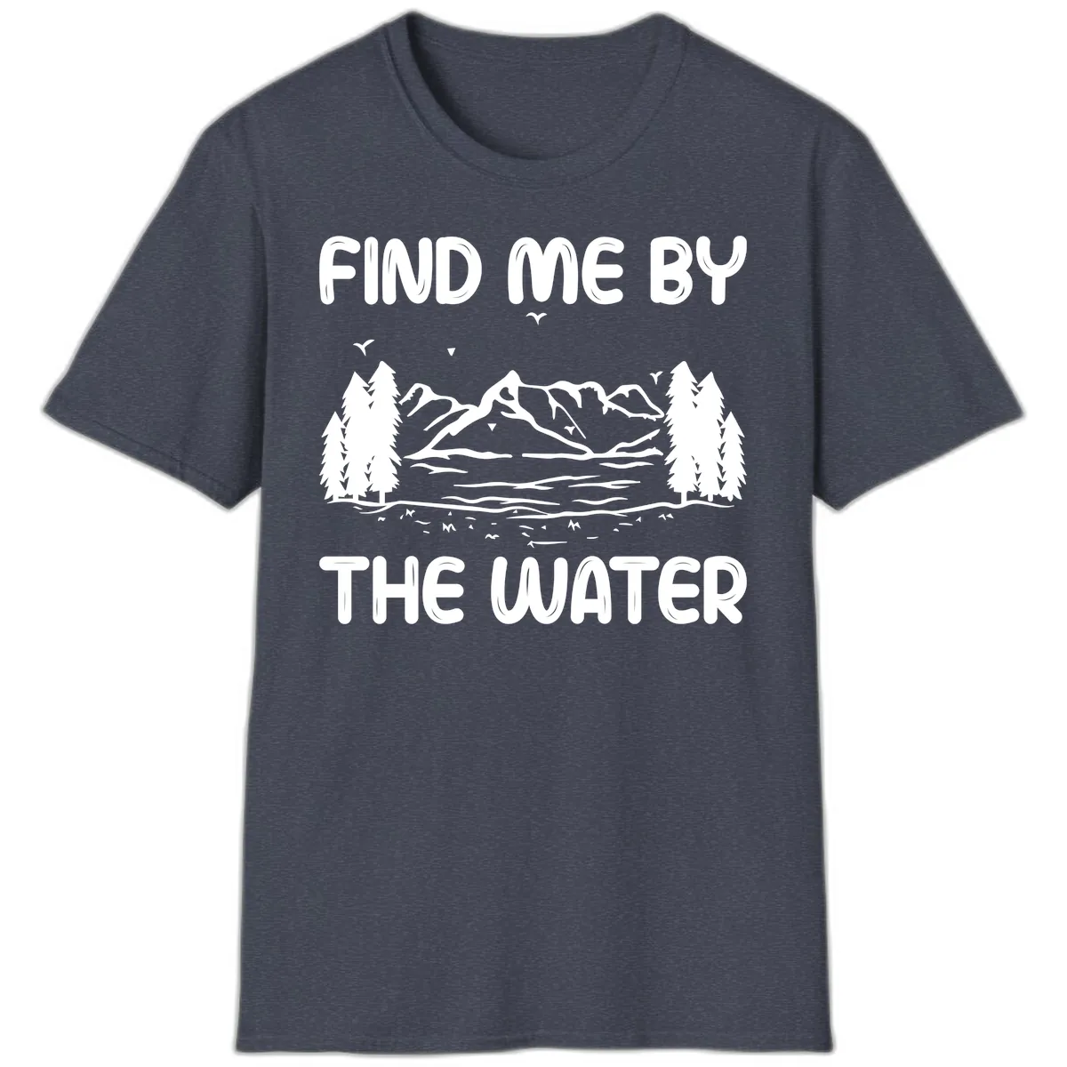 Find Me By The Water Mountain Design T-Shirt in Heather Navy