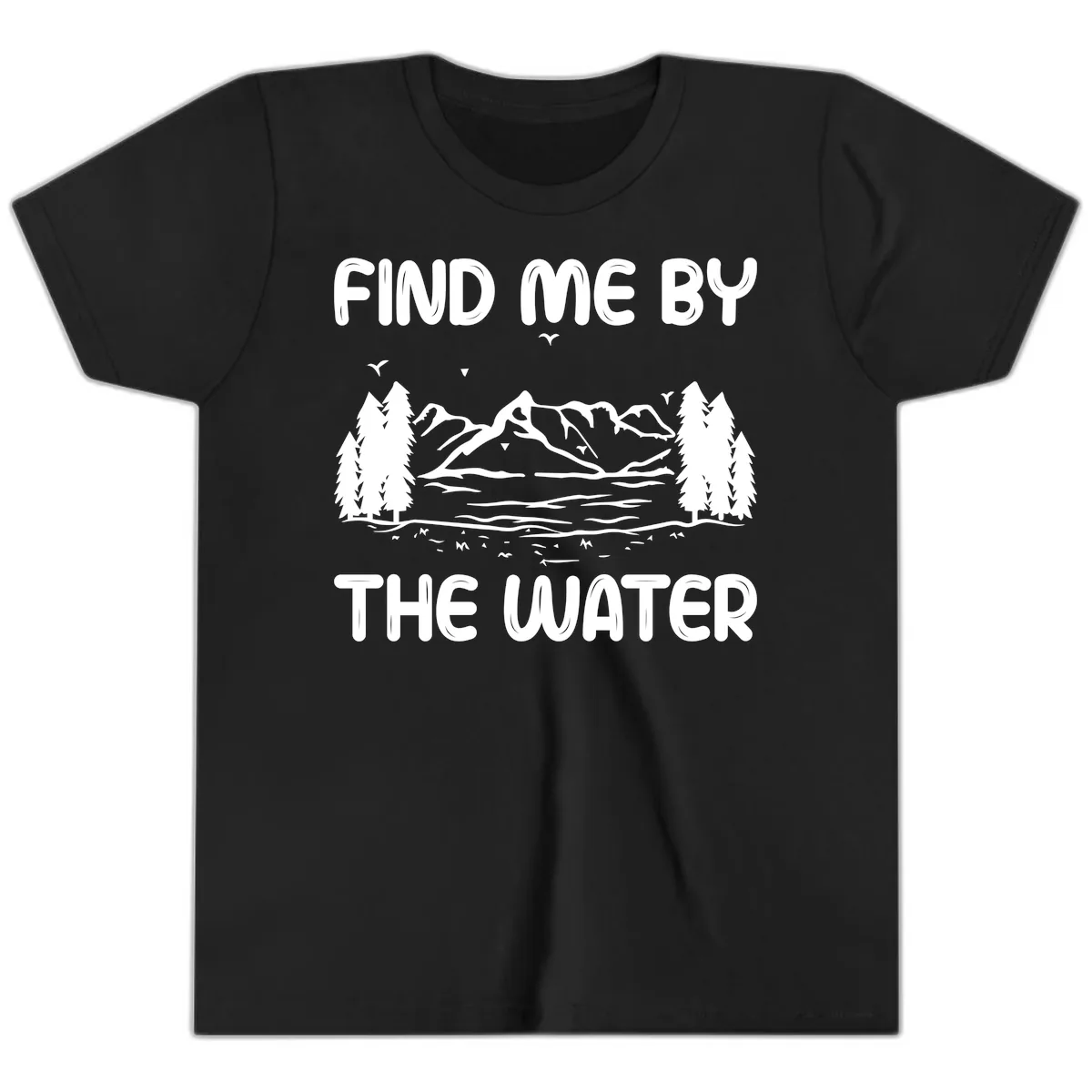 Find Me By The Water Mountain Design Youth T-Shirt in Black