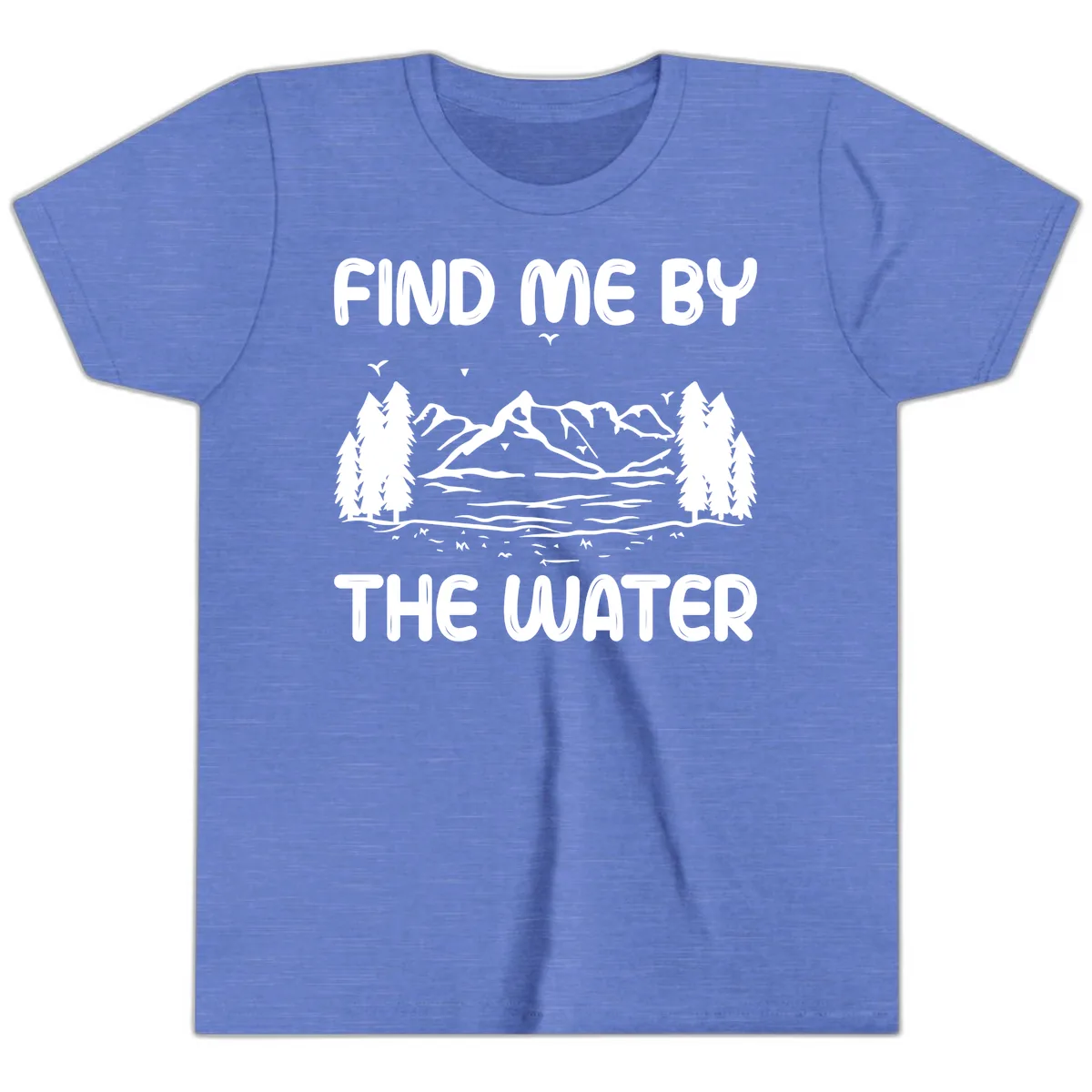 Find Me By The Water Mountain Design Youth T-Shirt in Heather Columbia Blue