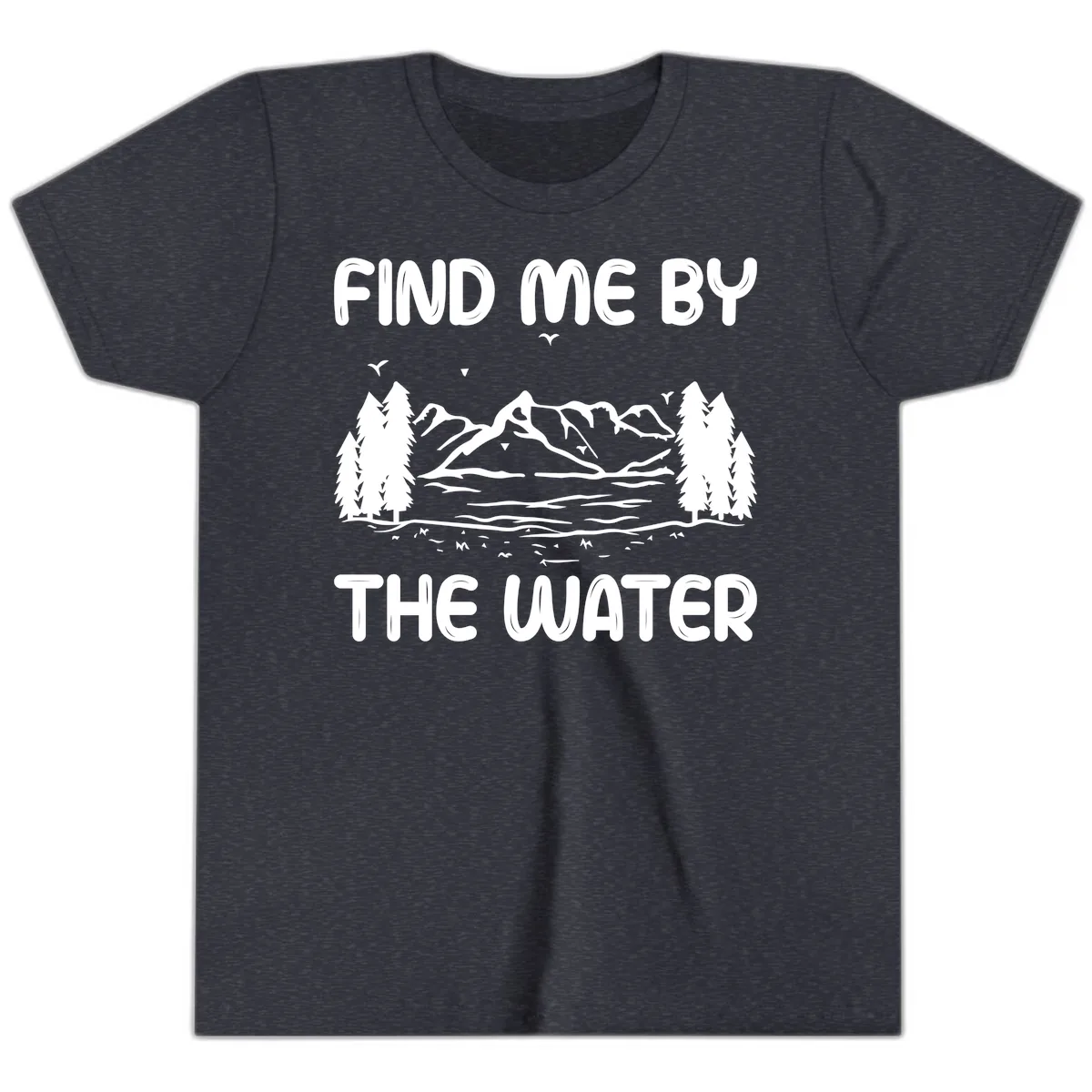 Find Me By The Water Mountain Design Youth T-Shirt in Heather Navy
