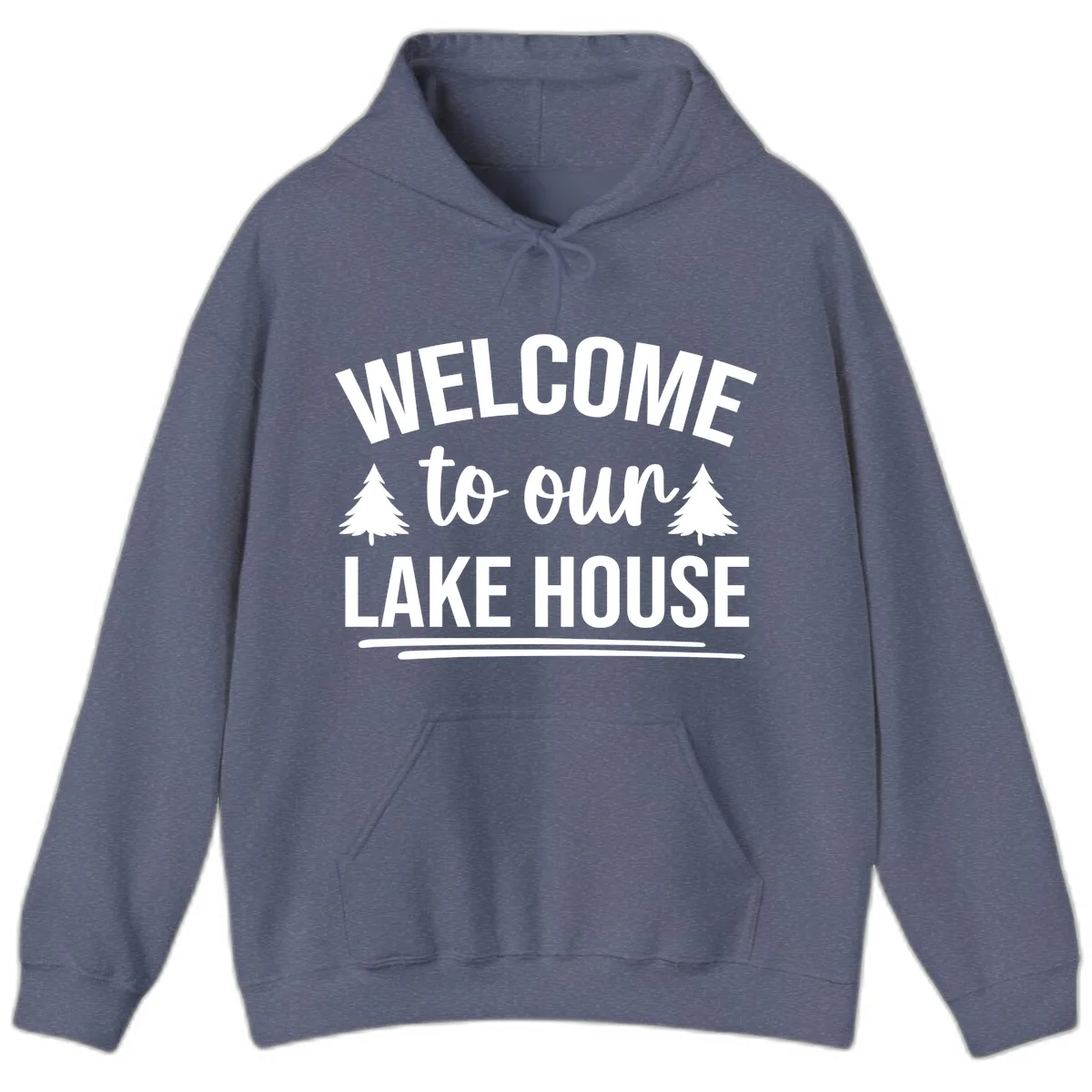 Welcome To Our Lake House Design Hoodie in Heather Navy