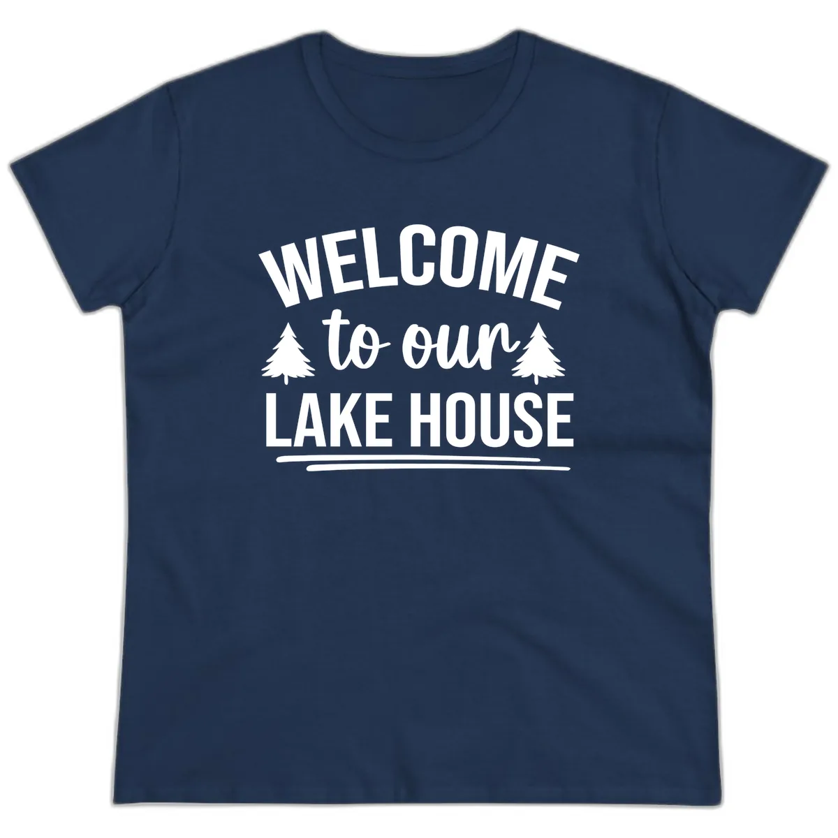 Welcome To Our Lake House Design Ladies Tee in Navy