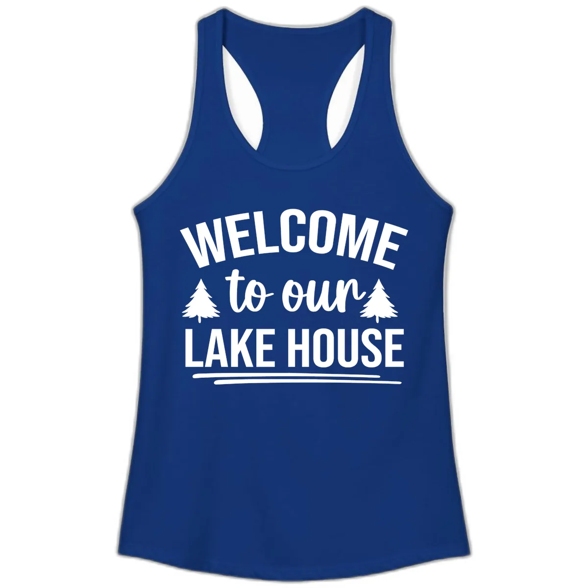 Welcome To Our Lake House Design Ladies Tank in Solid Royal