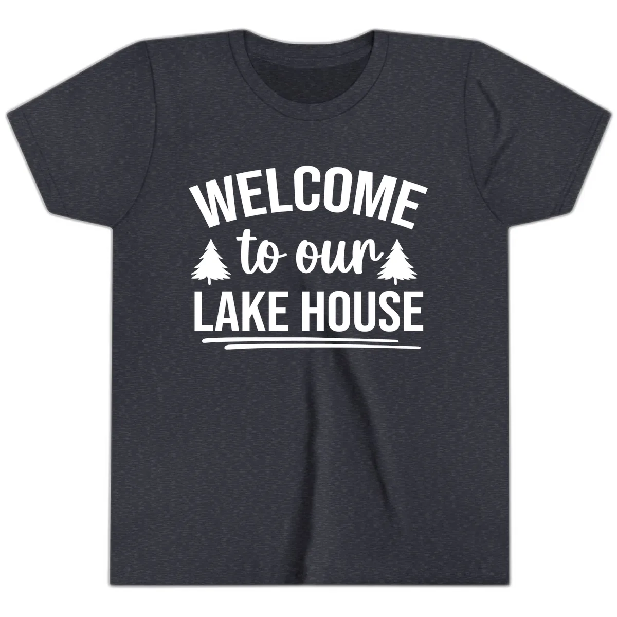 Welcome To Our Lake House Design Youth T-Shirt in Heather Navy