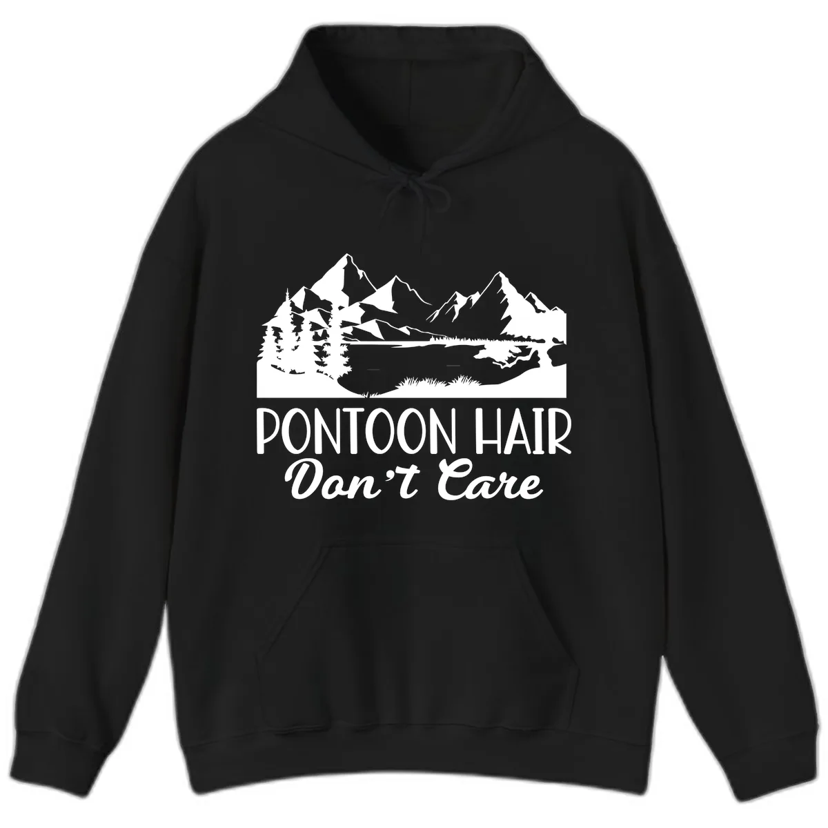 Pontoon Hair Don't Care Mountain Scene Hoodie in Black