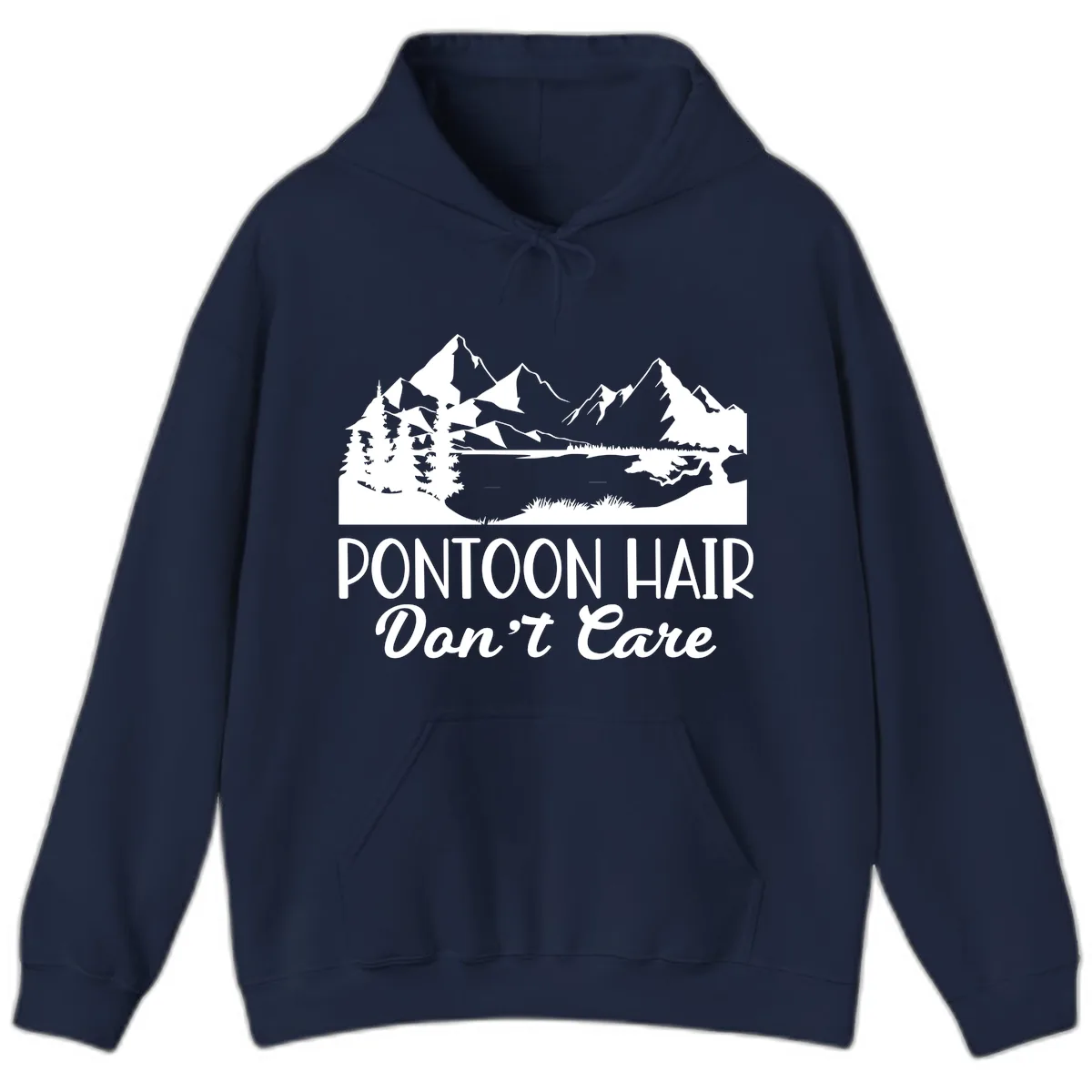 Pontoon Hair Don't Care Mountain Scene Hoodie in Navy