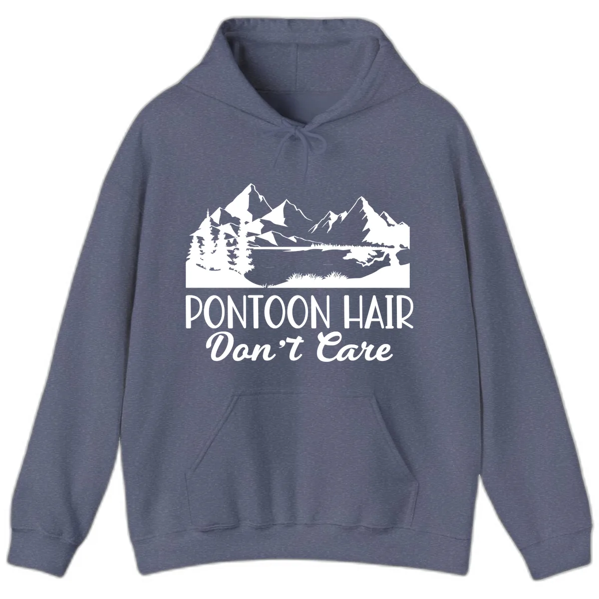 Pontoon Hair Don't Care Mountain Scene Hoodie in Heather Navy