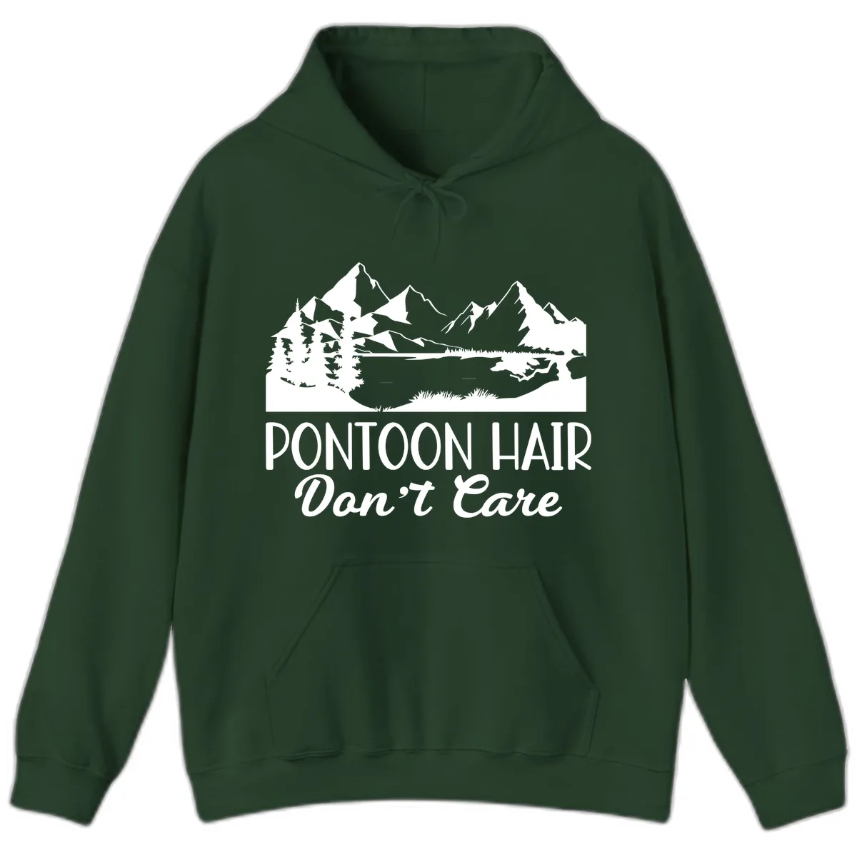 Pontoon Hair Don't Care Mountain Scene Hoodie in Forest Green