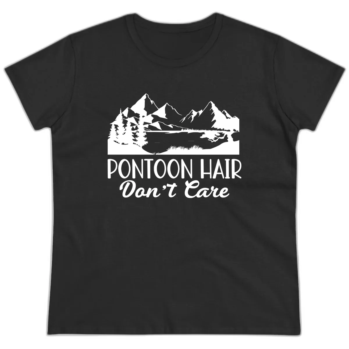 Pontoon Hair Don't Care Mountain Scene Ladies Tee in Black