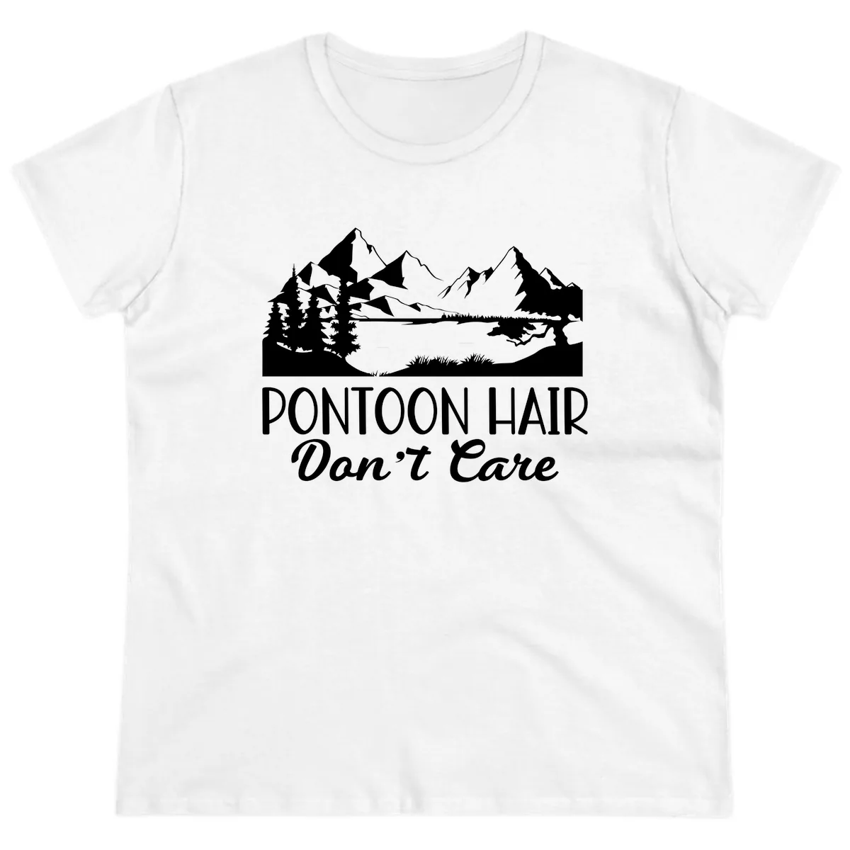 Pontoon Hair Don't Care Mountain Scene Ladies Tee in White