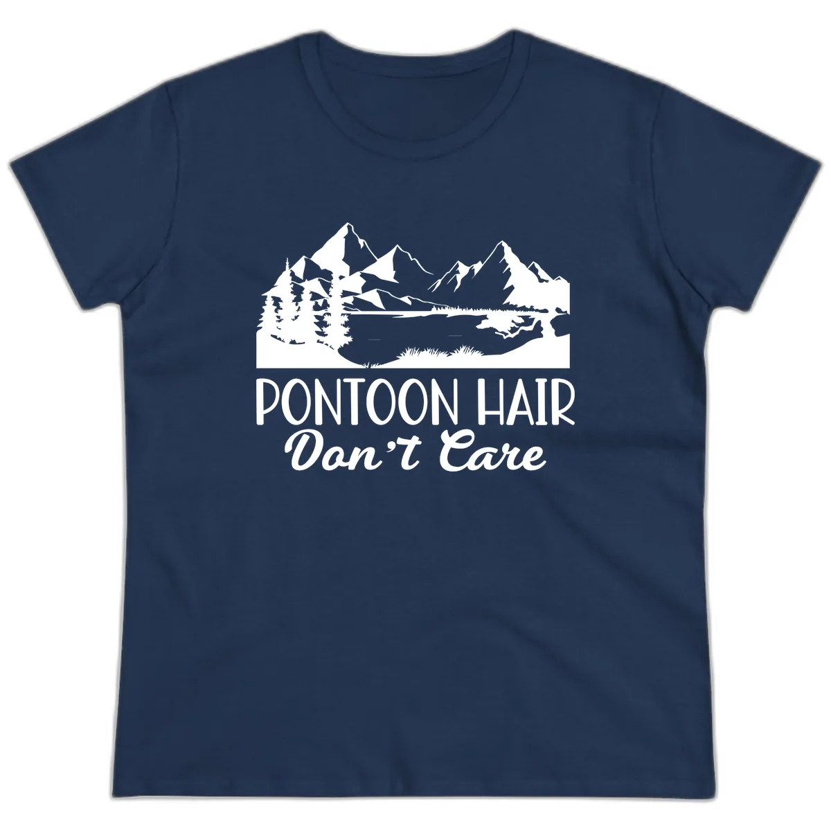 Pontoon Hair Don't Care Mountain Scene Ladies Tee in Navy