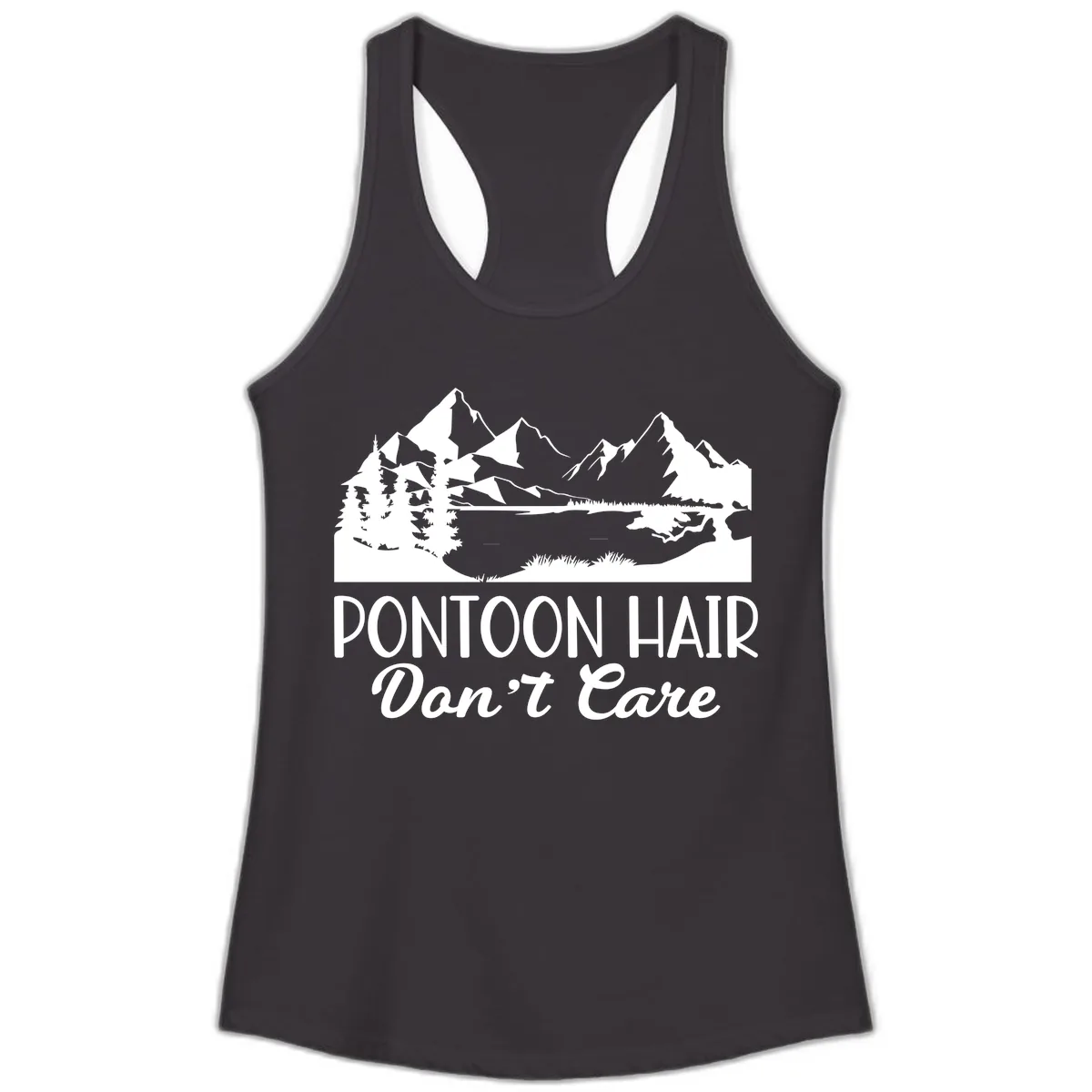 Pontoon Hair Don't Care Mountain Scene Ladies Tank in Black
