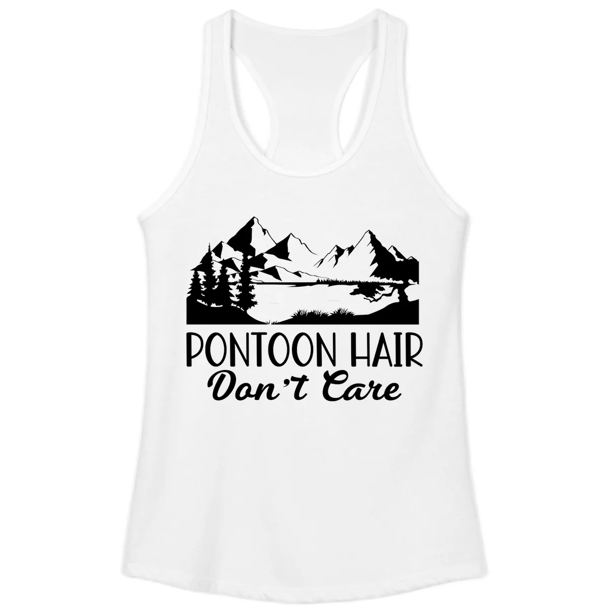 Pontoon Hair Don't Care Mountain Scene Ladies Tank in White