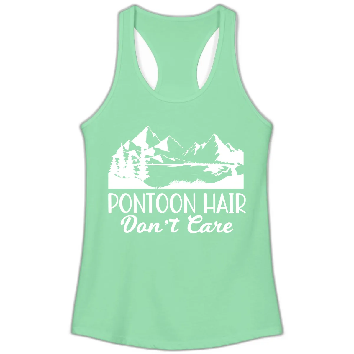 Pontoon Hair Don't Care Mountain Scene Ladies Tank in Solid Mint