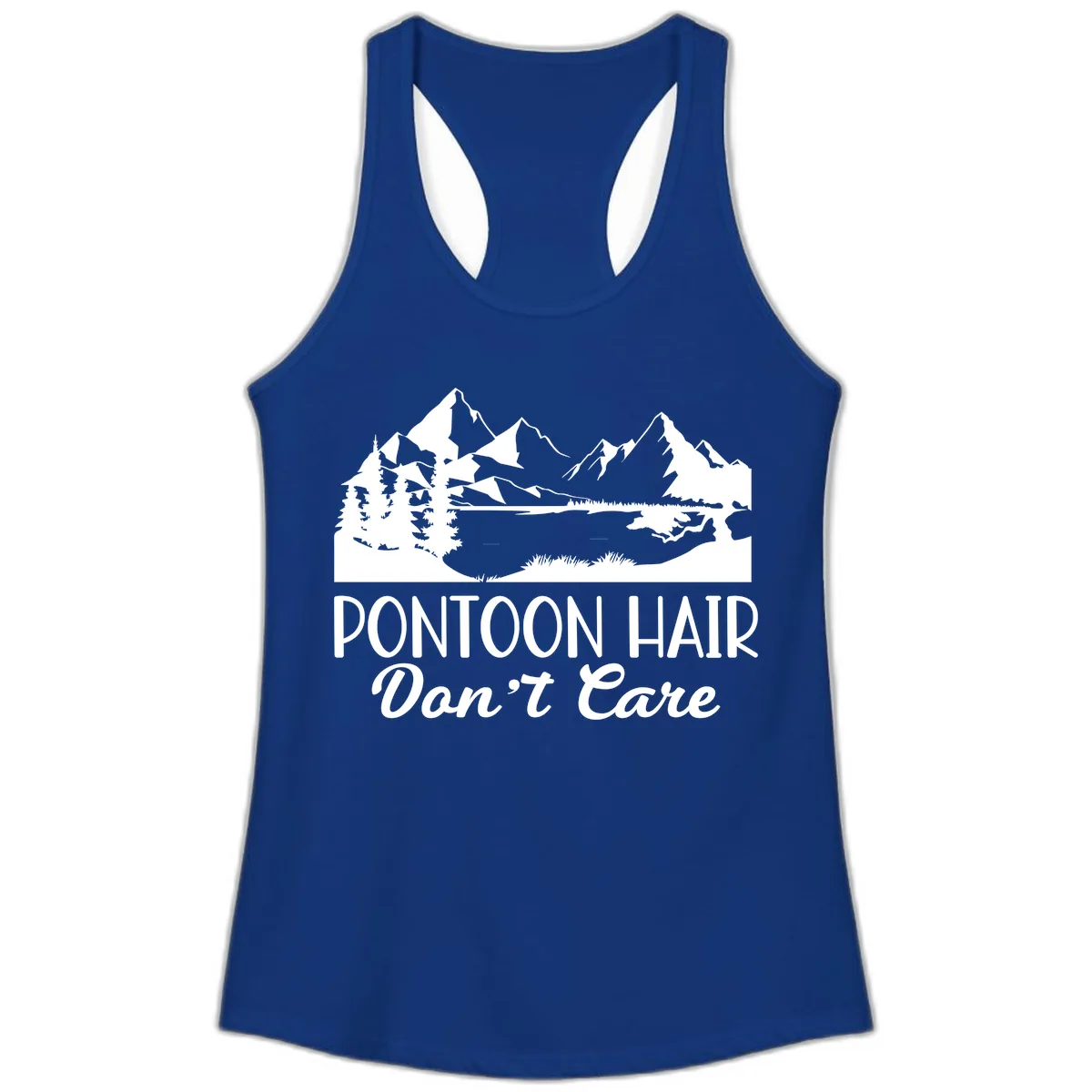 Pontoon Hair Don't Care Mountain Scene Ladies Tank in Solid Royal