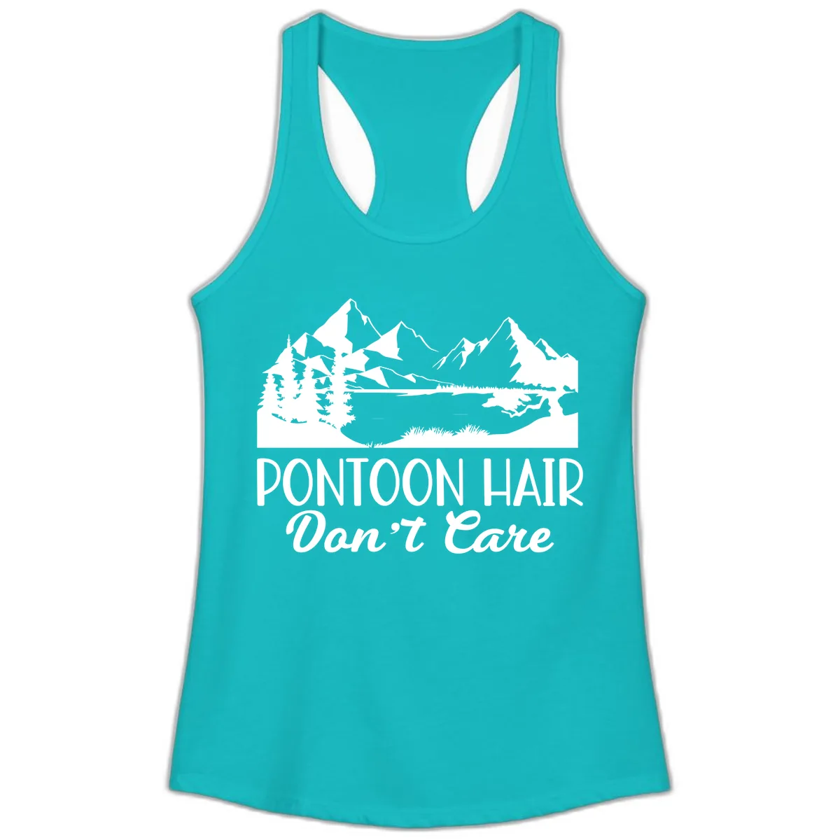 Pontoon Hair Don't Care Mountain Scene Ladies Tank in Tahiti Blue