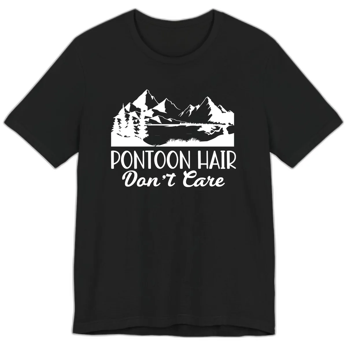Pontoon Hair Don't Care Mountain Scene Premium T-Shirt in Black