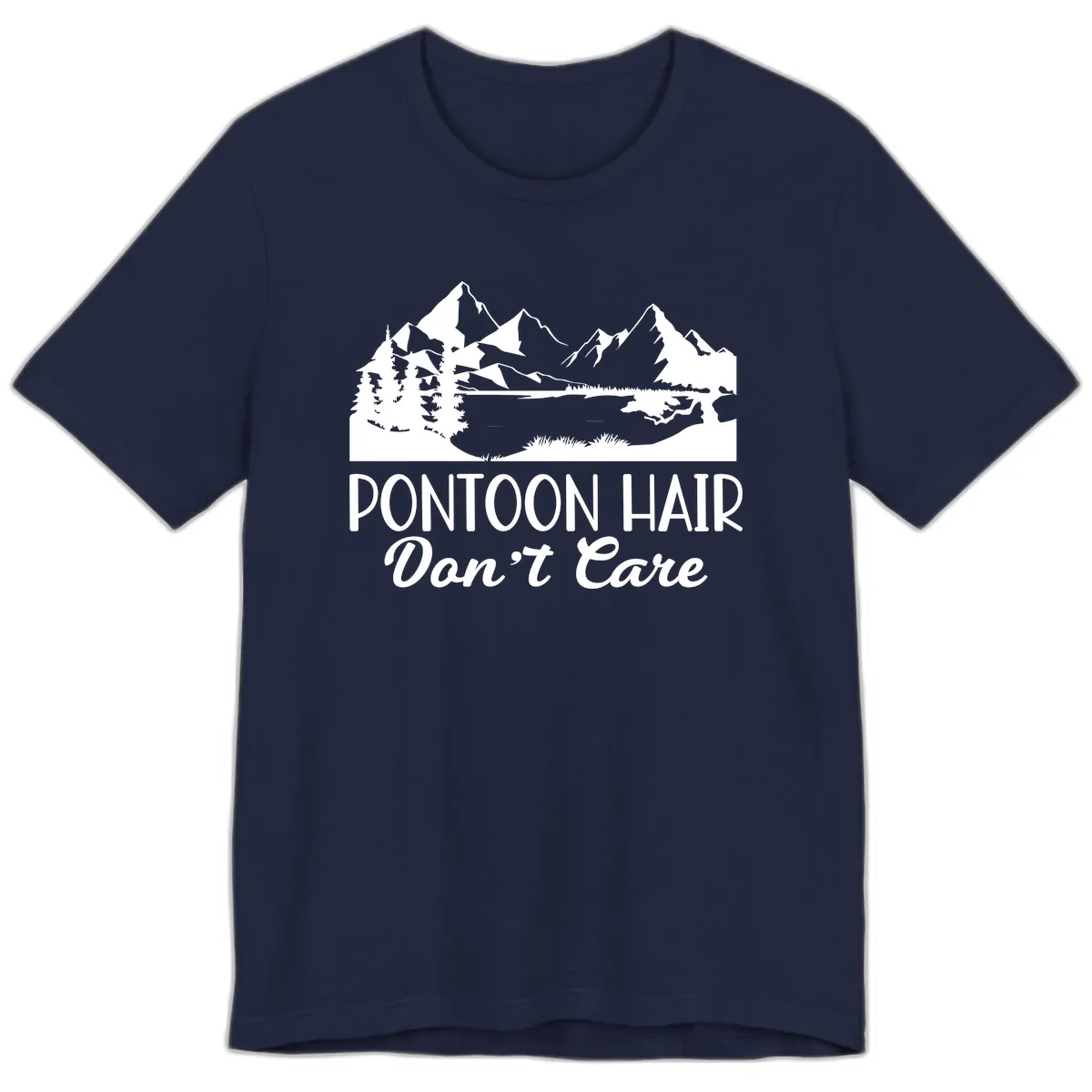 Pontoon Hair Don't Care Mountain Scene Premium T-Shirt in Navy
