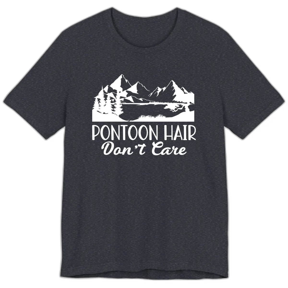 Pontoon Hair Don't Care Mountain Scene Premium T-Shirt in Heather Navy