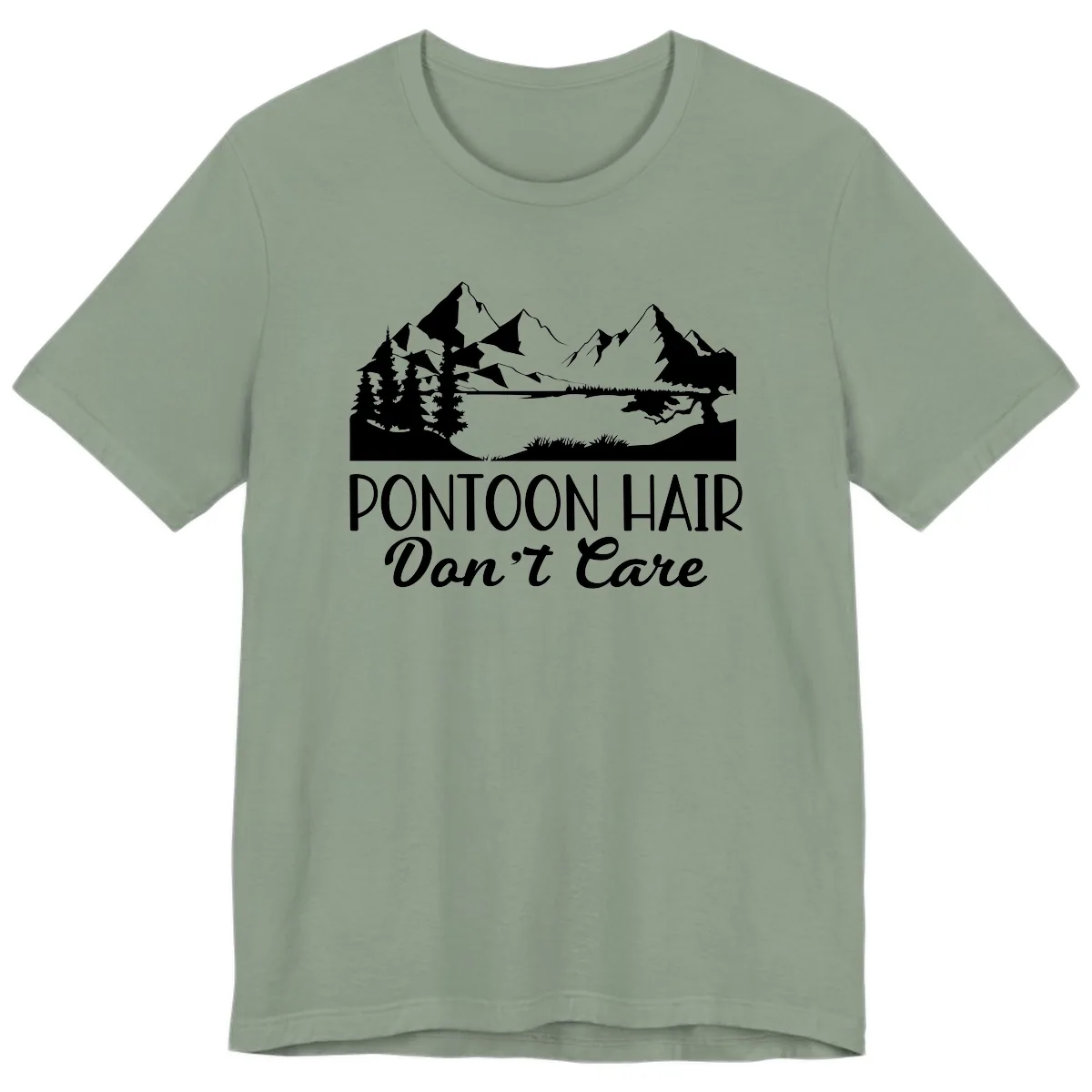 Pontoon Hair Don't Care Mountain Scene Premium T-Shirt in Sage