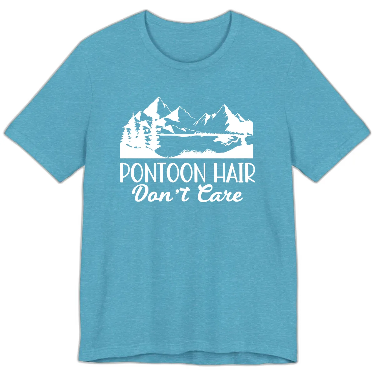 Pontoon Hair Don't Care Mountain Scene Premium T-Shirt in Heather Aqua