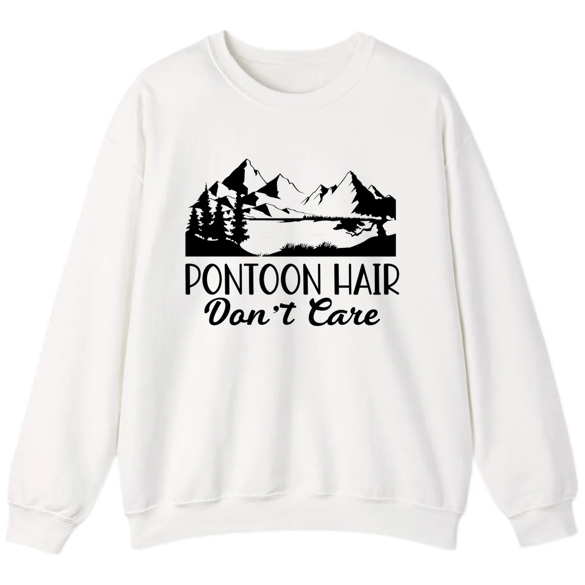 Pontoon Hair Don't Care Mountain Scene Sweatshirt in White