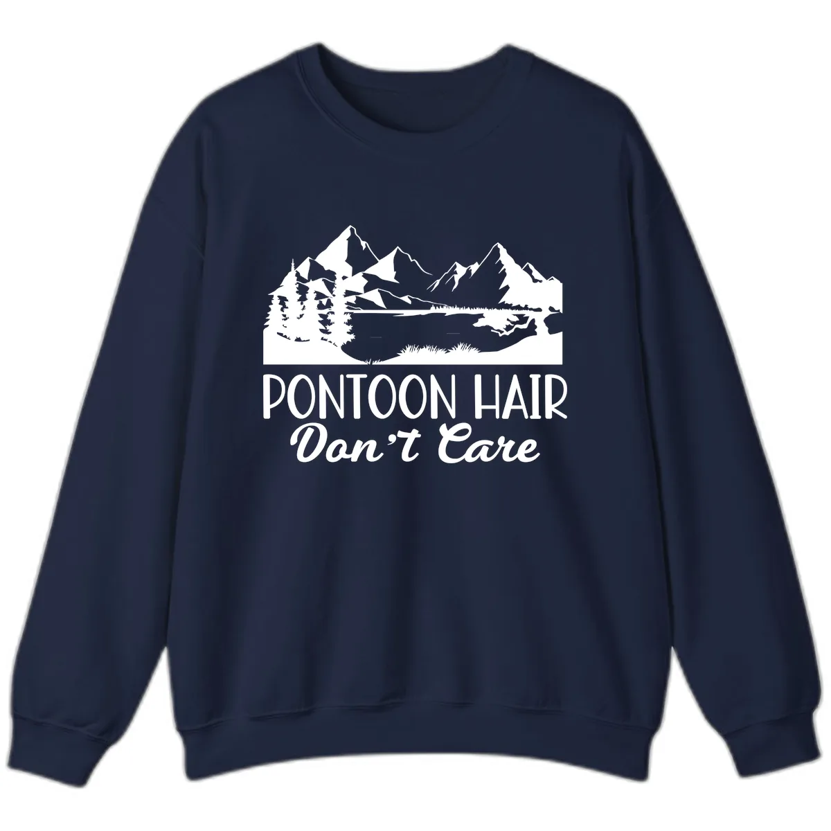 Pontoon Hair Don't Care Mountain Scene Sweatshirt in Navy
