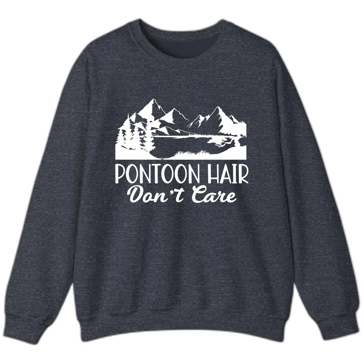 Pontoon Hair Don't Care Mountain Scene Sweatshirt in Heather Sport Dark Navy