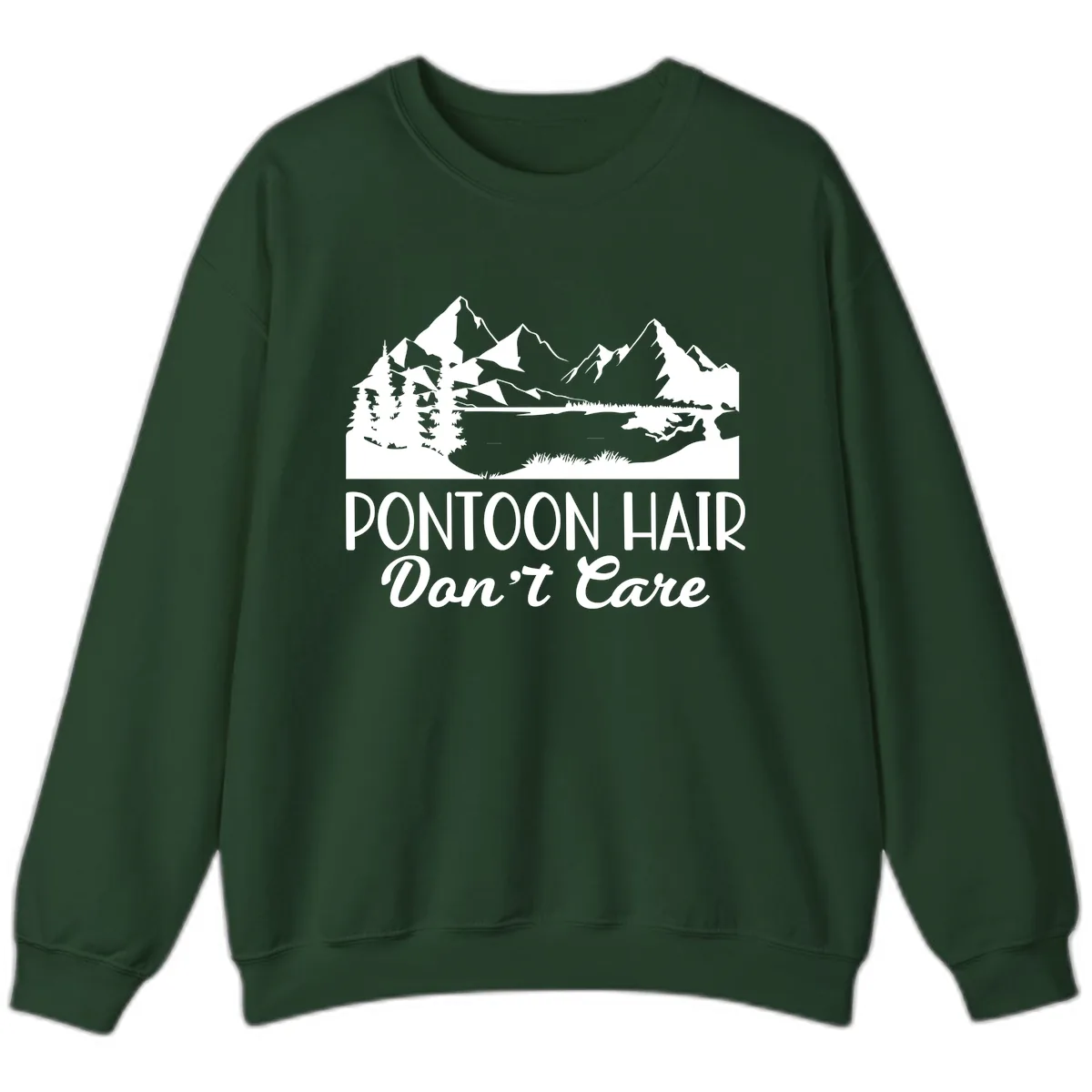 Pontoon Hair Don't Care Mountain Scene Sweatshirt in Forest Green