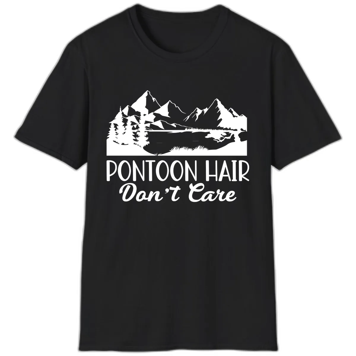 Pontoon Hair Don't Care Mountain Scene T-Shirt in Black