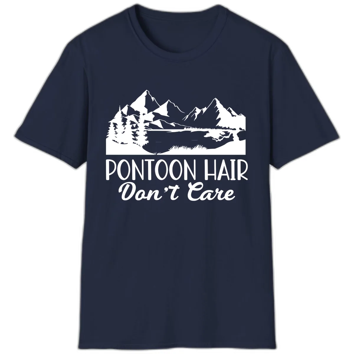 Pontoon Hair Don't Care Mountain Scene T-Shirt in Navy