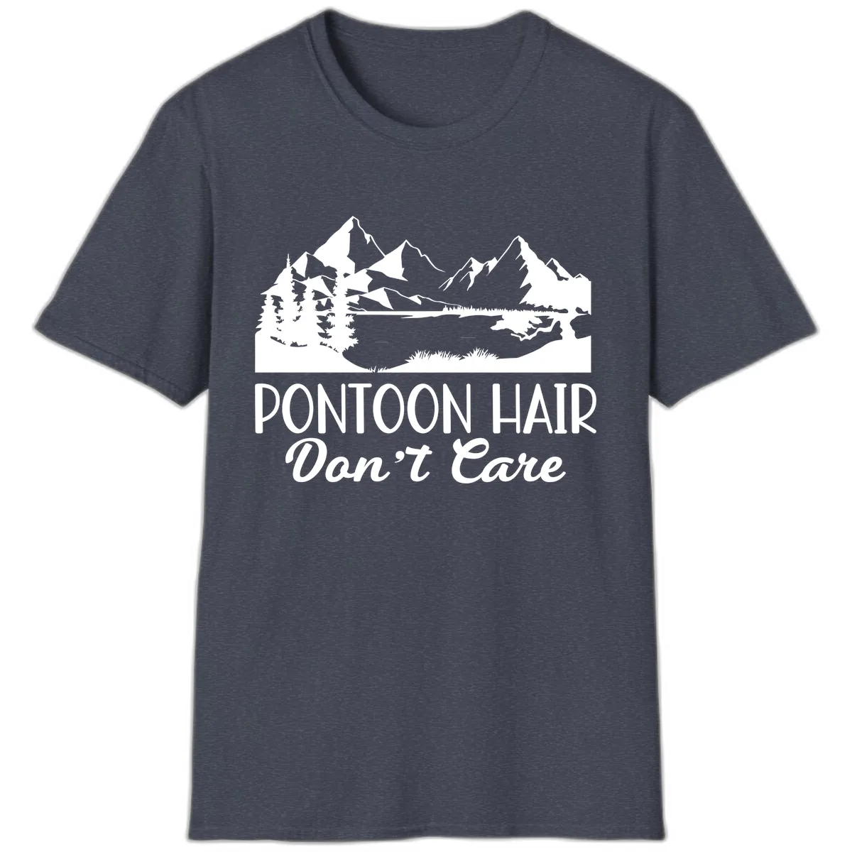 Pontoon Hair Don't Care Mountain Scene T-Shirt in Heather Navy