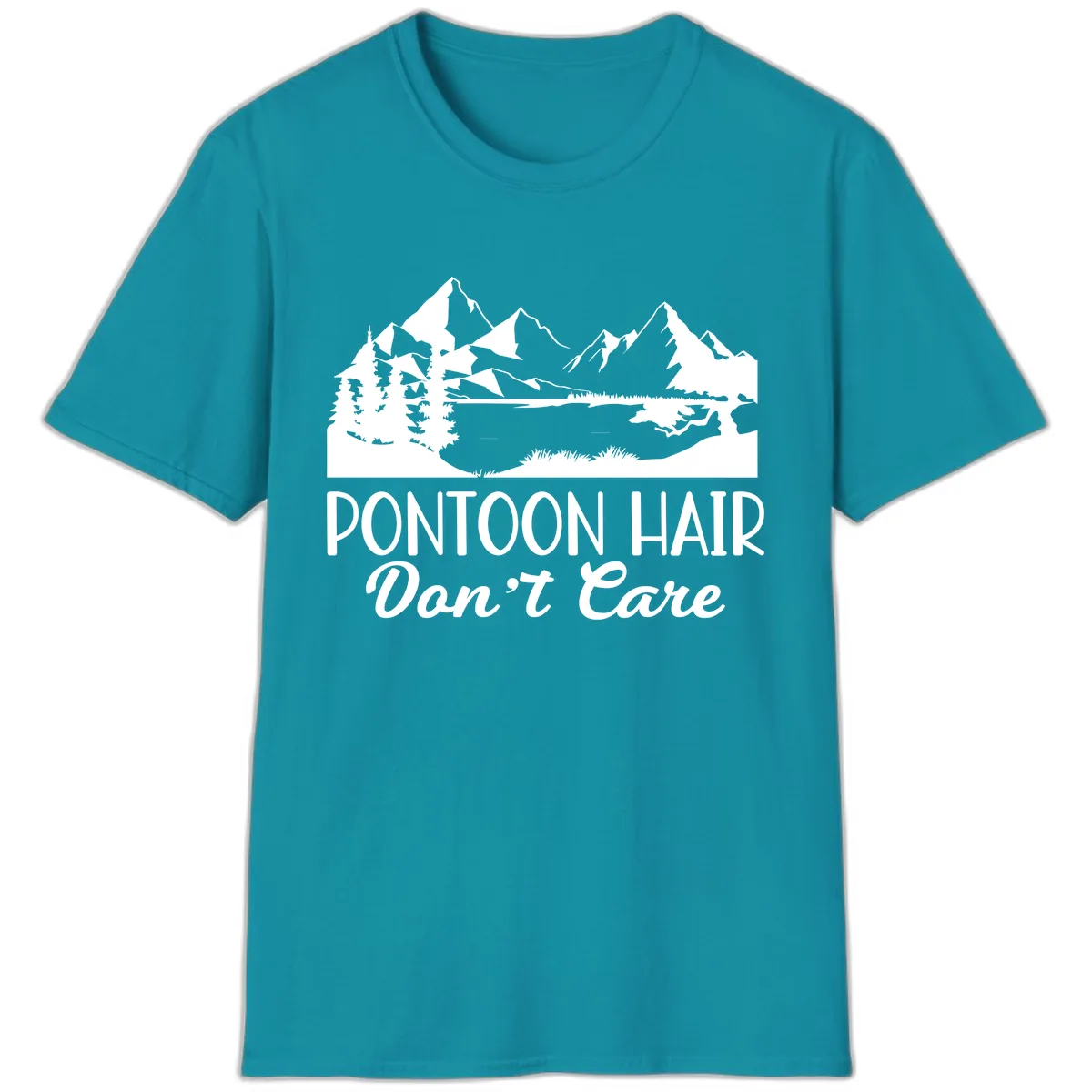 Pontoon Hair Don't Care Mountain Scene T-Shirt in Tropical Blue