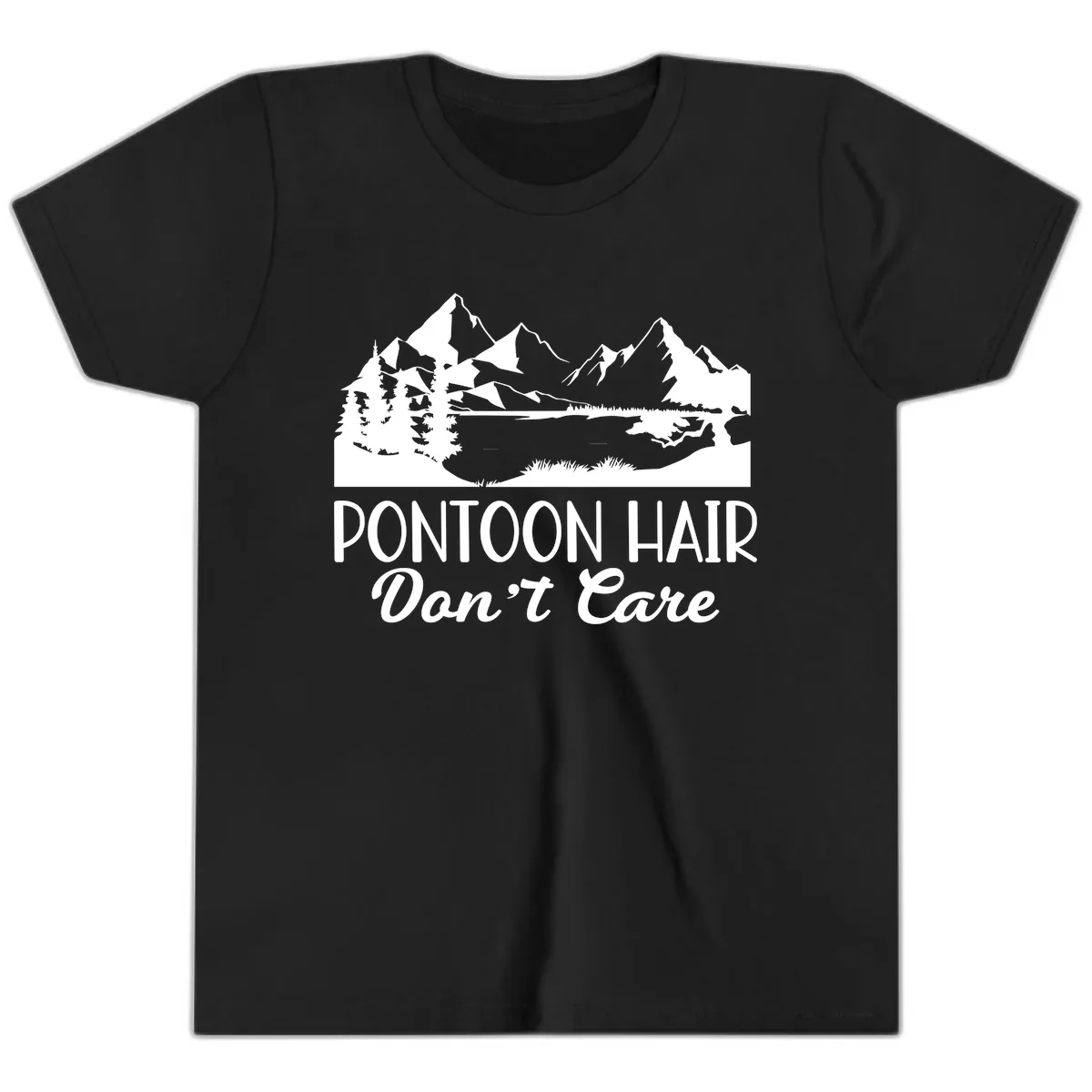 Pontoon Hair Don't Care Mountain Scene Youth T-Shirt in Black