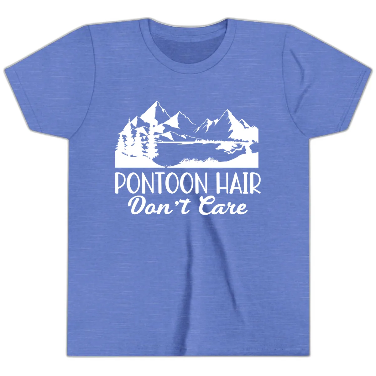 Pontoon Hair Don't Care Mountain Scene Youth T-Shirt in Heather Columbia Blue