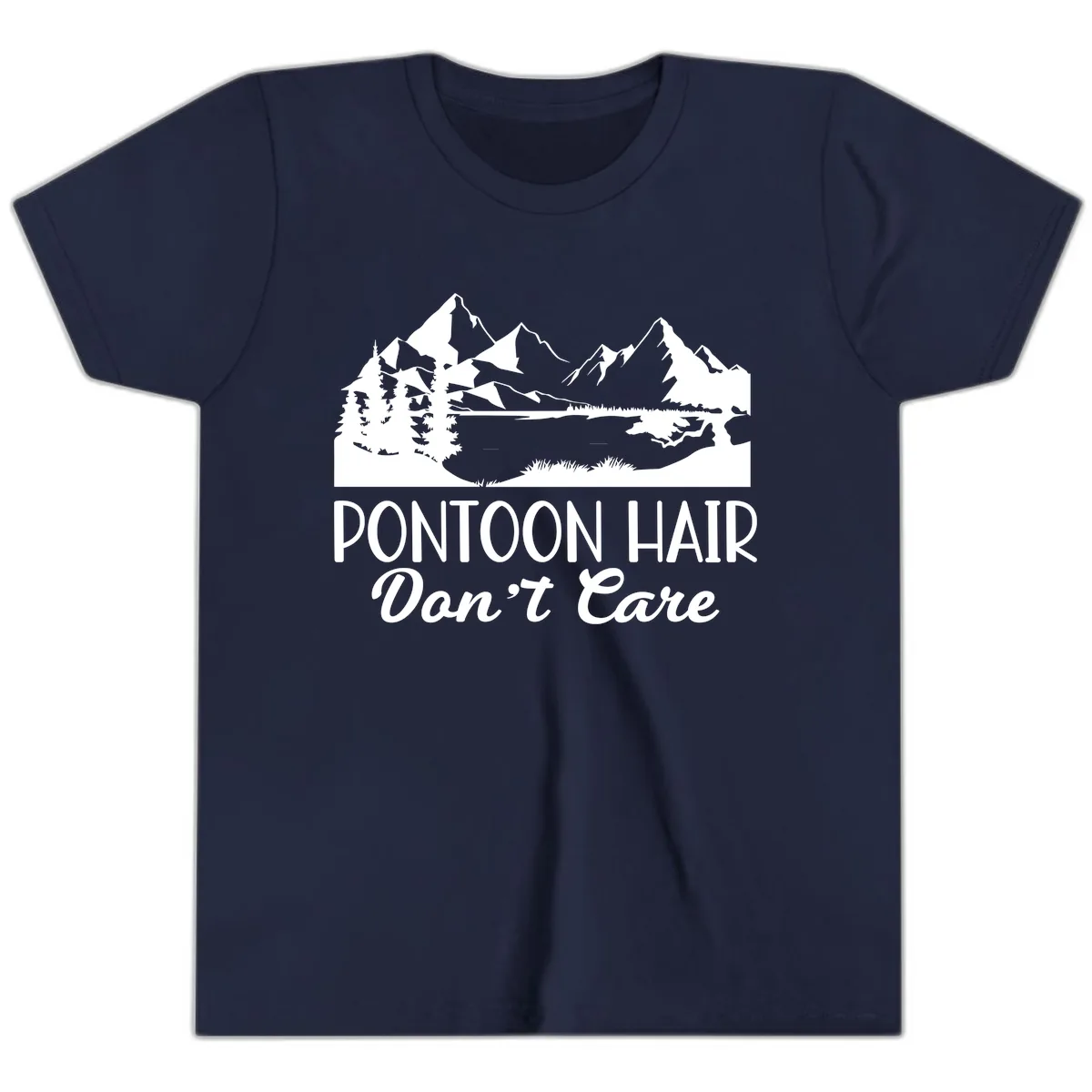 Pontoon Hair Don't Care Mountain Scene Youth T-Shirt in Navy