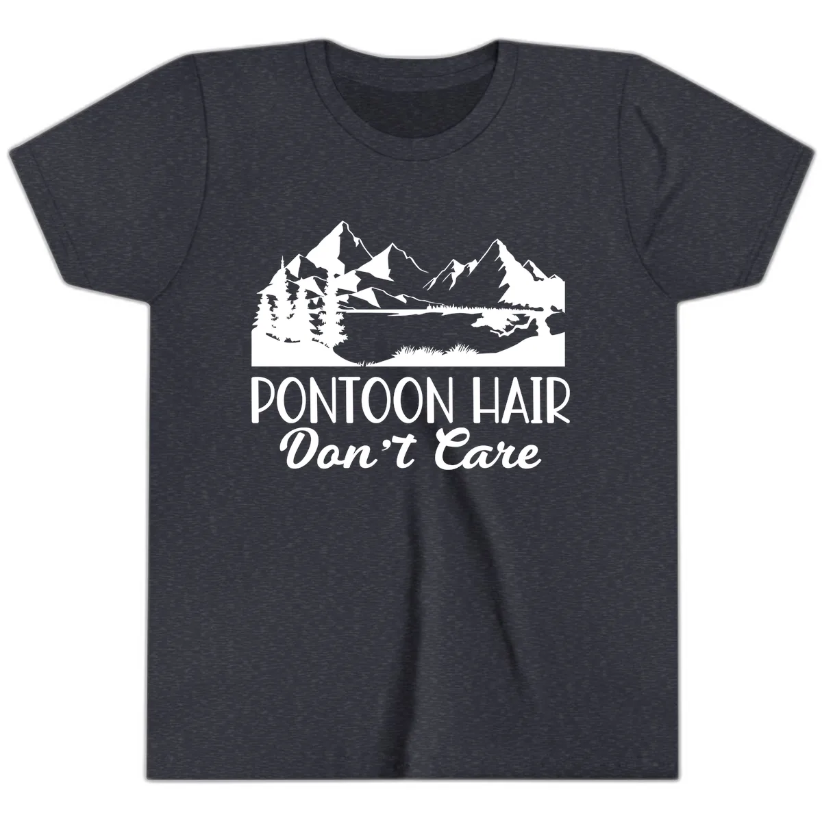 Pontoon Hair Don't Care Mountain Scene Youth T-Shirt in Heather Navy