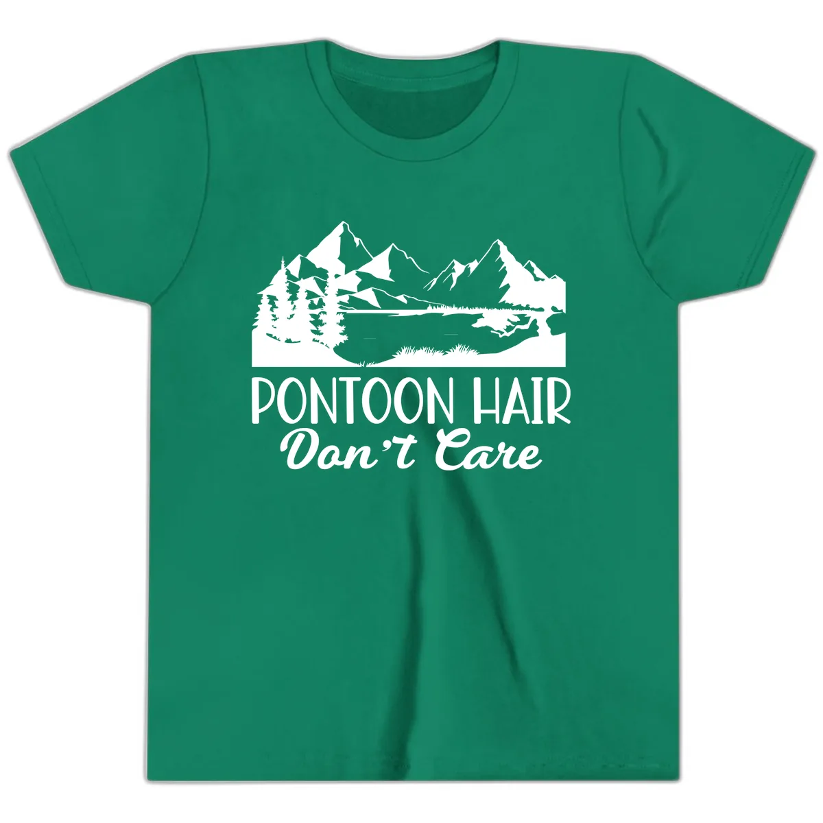 Pontoon Hair Don't Care Mountain Scene Youth T-Shirt in Kelly