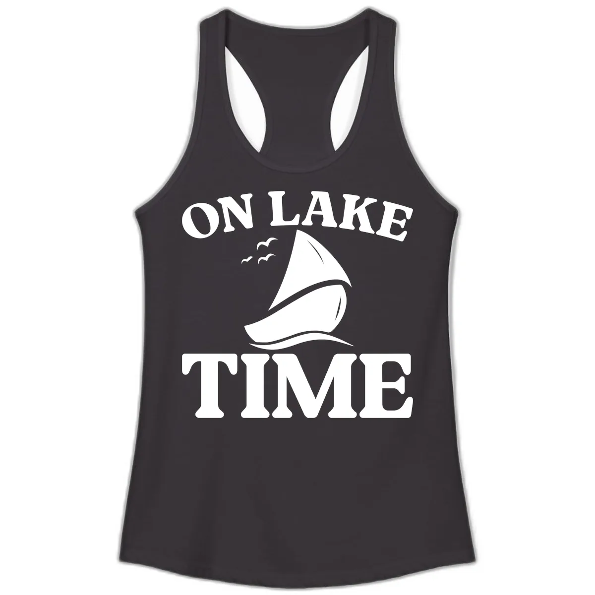 On Lake Time Sailboat Graphic Ladies Tank in Black