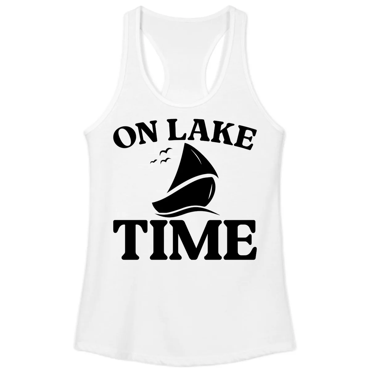 On Lake Time Sailboat Graphic Ladies Tank in White