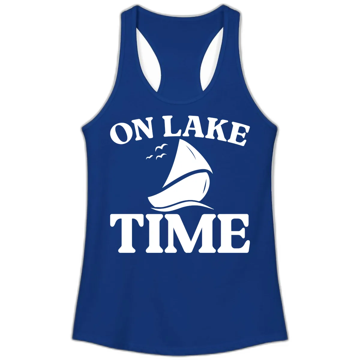 On Lake Time Sailboat Graphic Ladies Tank in Solid Royal
