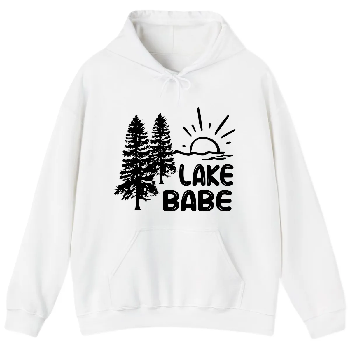 Lake Babe Mountain Trees Sun Design Hoodie in White