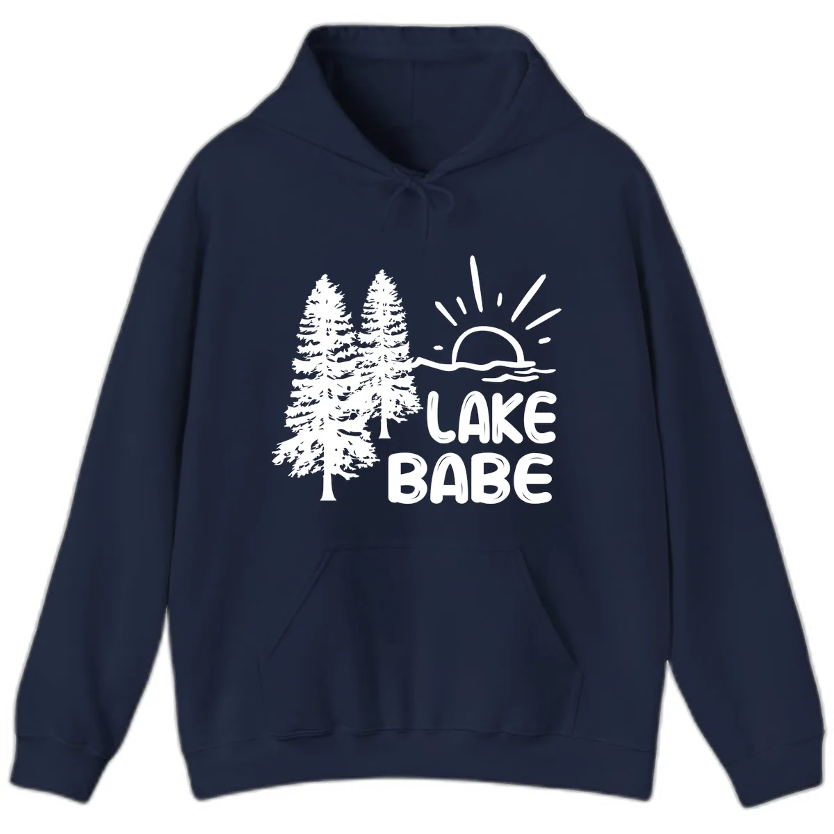 Lake Babe Mountain Trees Sun Design Hoodie in Navy