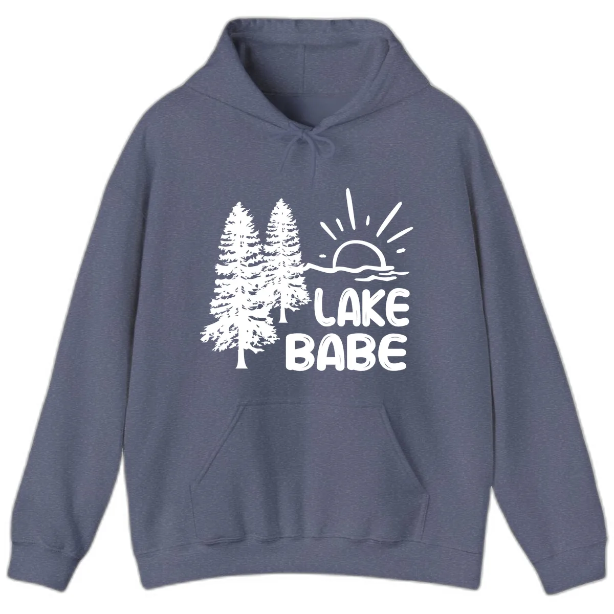 Lake Babe Mountain Trees Sun Design Hoodie in Heather Navy