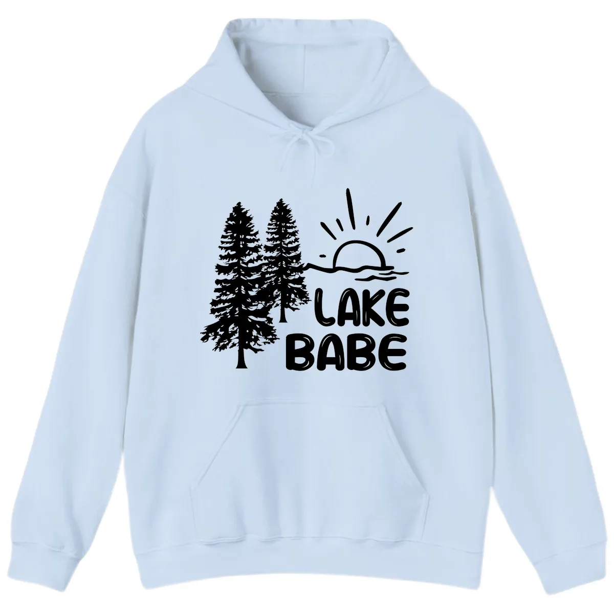 Lake Babe Mountain Trees Sun Design Hoodie in Light Blue
