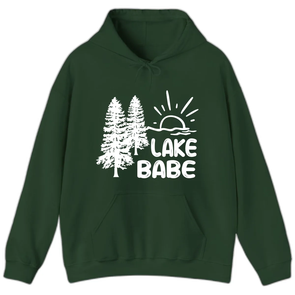 Lake Babe Mountain Trees Sun Design Hoodie in Forest Green