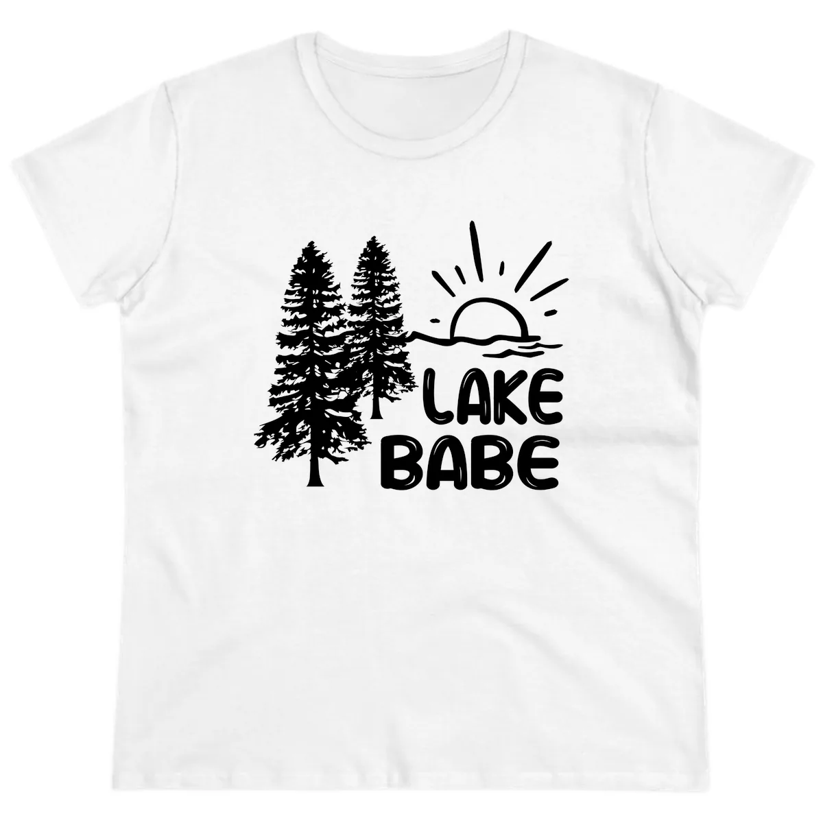 Lake Babe Mountain Trees Sun Design Ladies Tee in White
