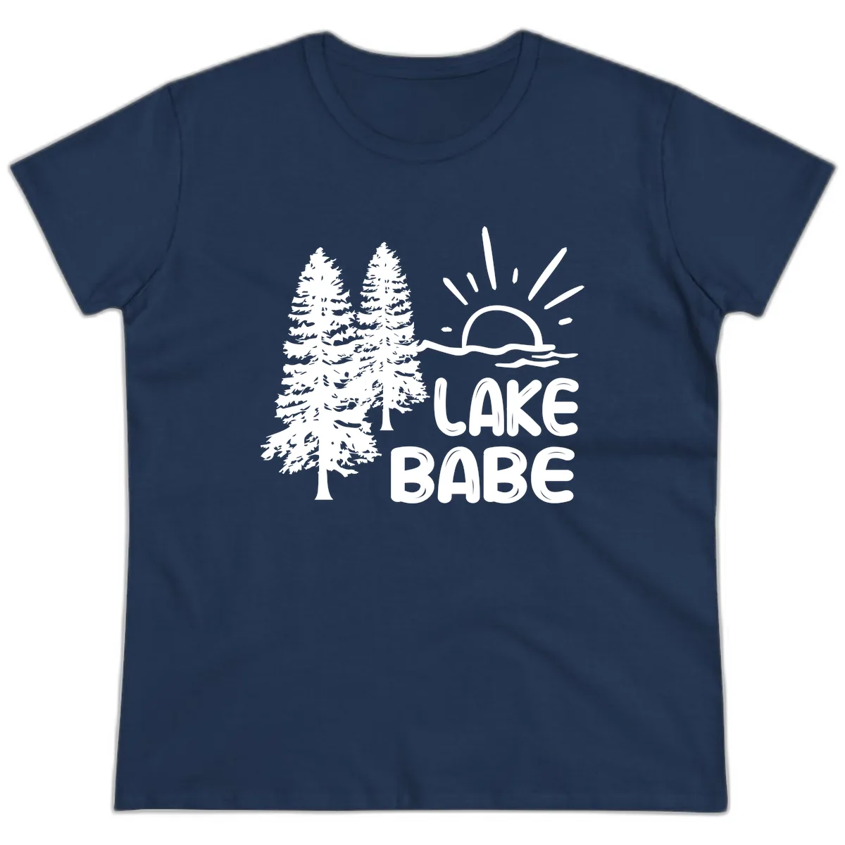 Lake Babe Mountain Trees Sun Design Ladies Tee in Navy